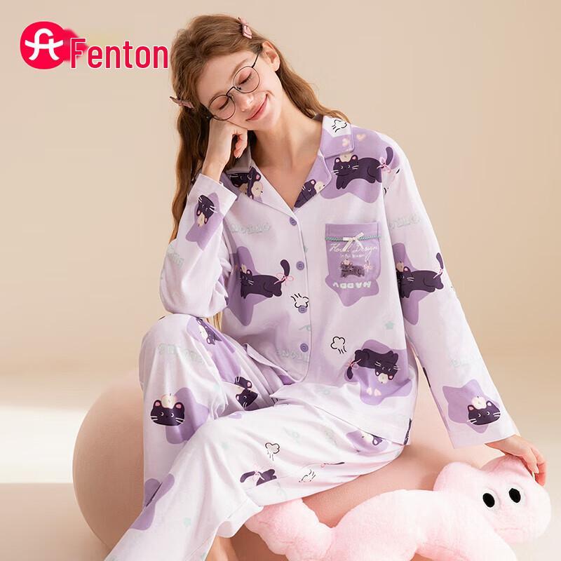 Fenteng Women s Pure Cotton Cartoon Button-Front Pajama Set S