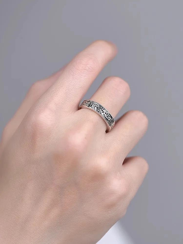 Nouvelles Bagues Argentées Motif Herbe Tang Ancien Rétro pour Femmes Bague Classique Doigt Index Garçons Français Cadeau Bijoux Gothiques