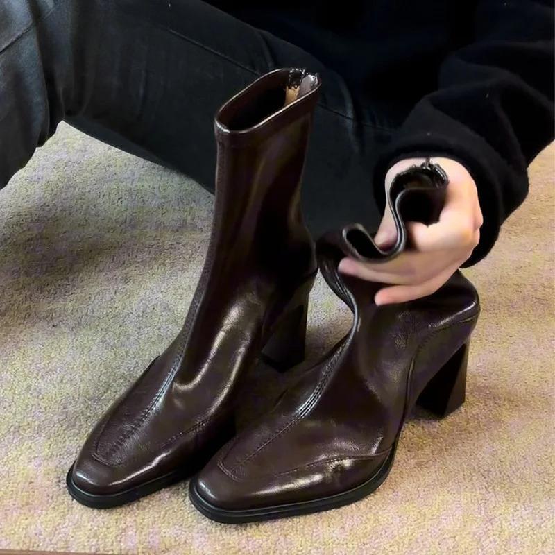 Vintage High Heel Women Ankle Boots Fashion Square Toe Short Booties Autumn Winter Ladies Shoes Botas Mujer