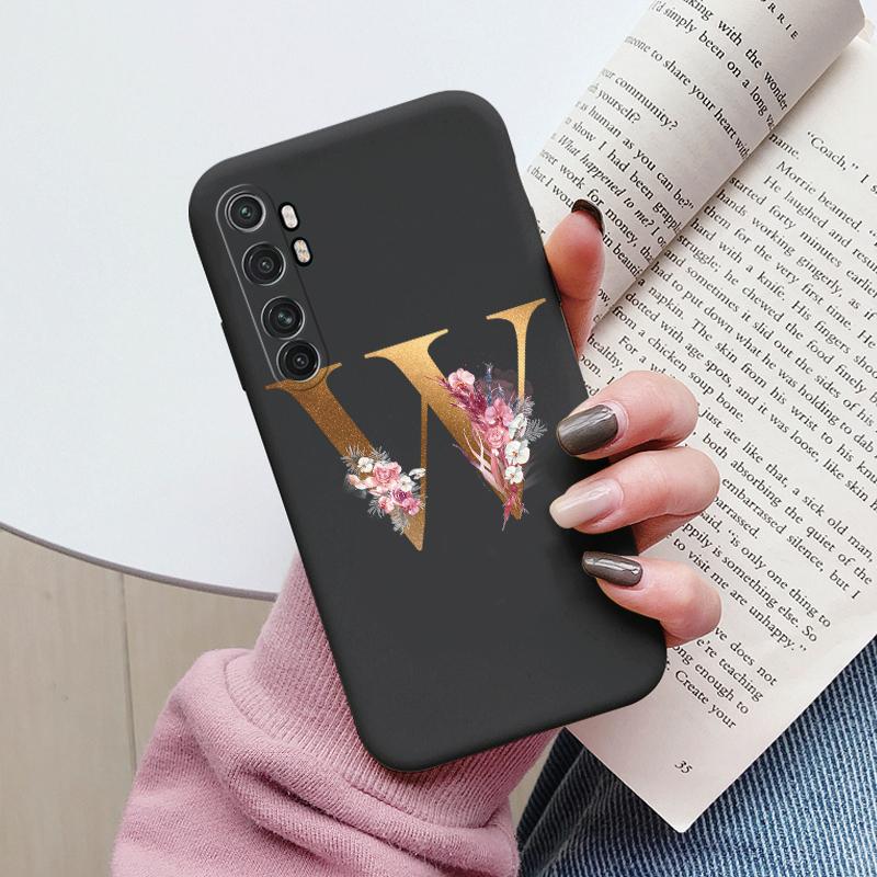 Letter Case For Xiaomi Mi Note 10 Lite Back Cover Retro Flowers Pink Black Soft TPU Initial Fundas For Xiaomi Note10 Lite Coque