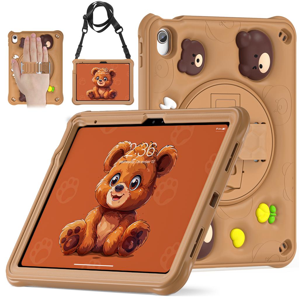 For iPad (2025)/10.9 (2022) Case with Shoulder Strap Bear Pattern PC+Silicone+TPU Kickstand Tablet Cover