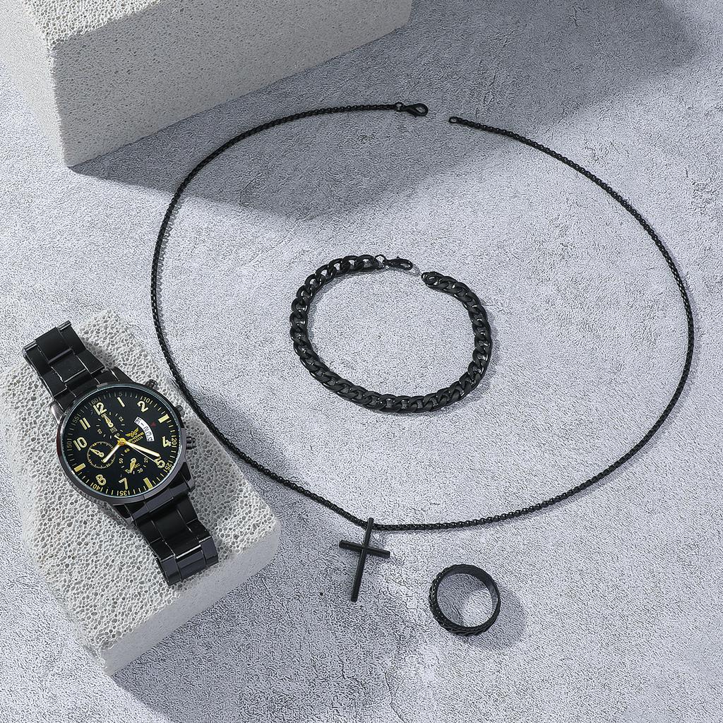 Nicht-Schweizer vollautomatische mechanische Quarzuhr für Herren mit Halskette, Armband, Ring, vierteiliges Set mit Geschenkbox