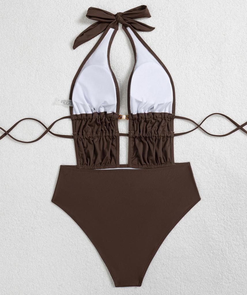 Women's Swimsuit Sexy Solid Color Halter Neck Strappy One-piece Swimsuit Bikini Beachwear