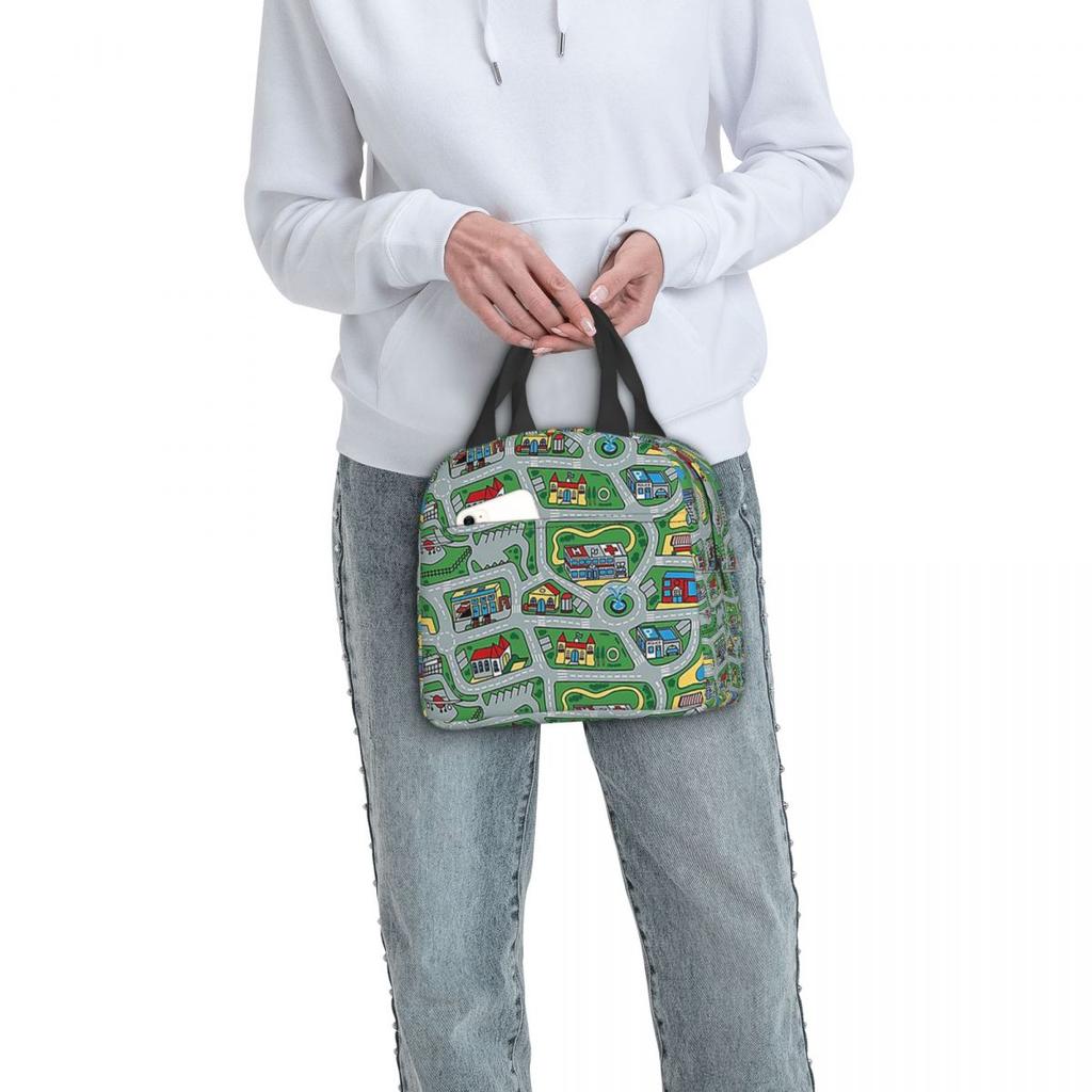 Car City Carpet Road Rug 90s Nostalgic Toy Insulated Lunch Bag for Women Kids Portable Food Boxes Thermal Lunch Box Tote