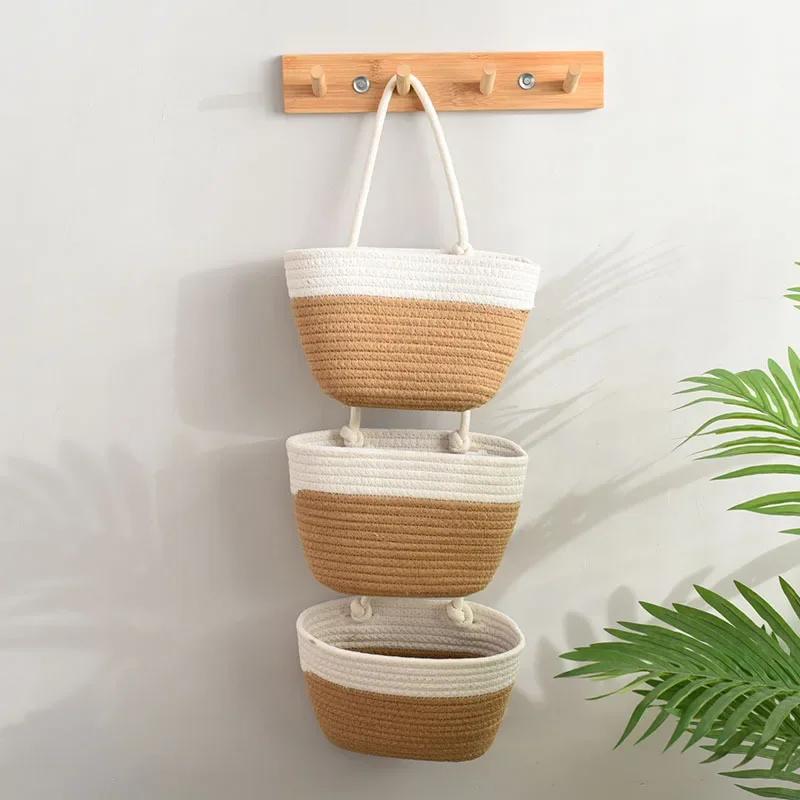 Cotton Wall Hanging Storage Basket 3-Layer - Household Sundries Organizers, Decorative Wall Storage Tool for Home Organization