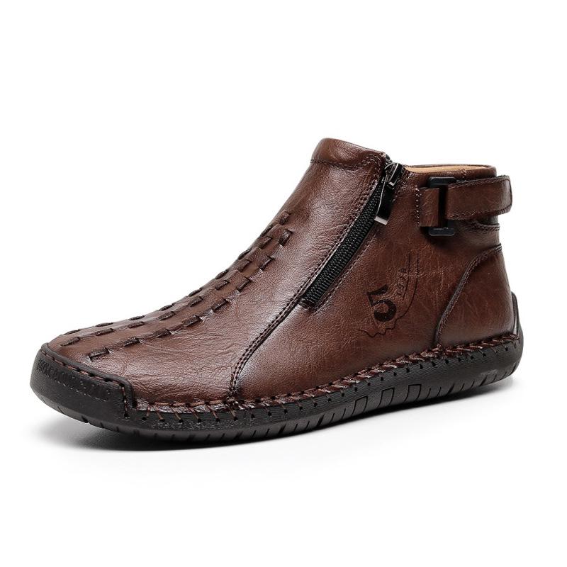 Men's Leather Side-Zip Martin Boots - Large Size, Spring/Autumn, Hand-Stitched, Outdoor Casual, Mid-Top Shoes
