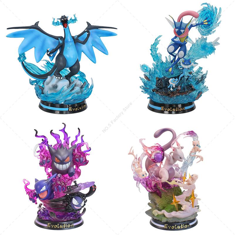 Anime Special Effects Figure Mega Charizard XY Greninja Gengar Mewtwo Three Form Evolution Led Light PVC Model Toys