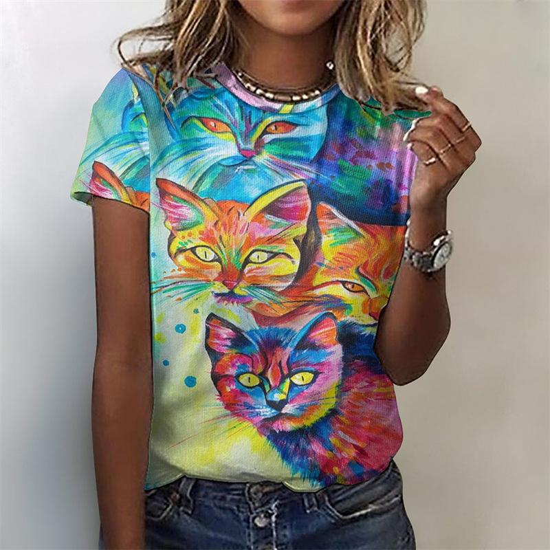 Funny Animal T Shirt Cute Cat Graphics 3D Print Women's Round Neck Short Sleeve T Shirts Harajuku Y2K Tops Female Tees Clothing
