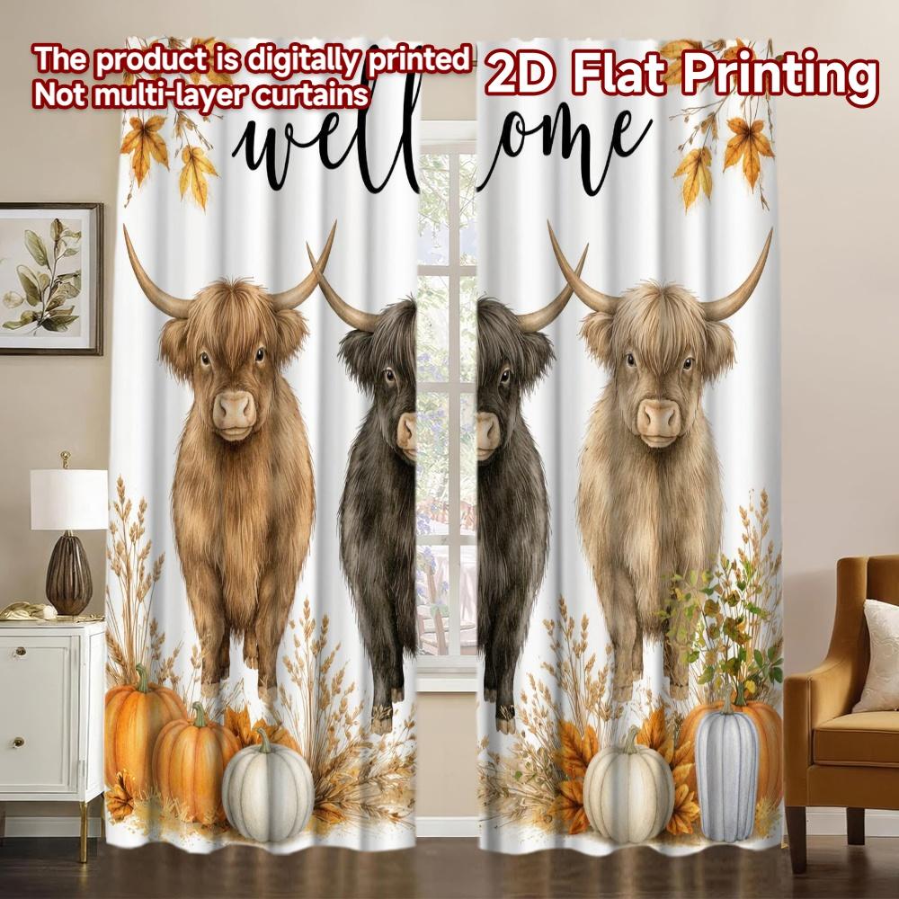 2D FLAT PRINTING 2pcs Curtains (Without Rod) Fall Welcome Highland Cows Popular Creative Curtains Semi-Sheer Curtains Easter