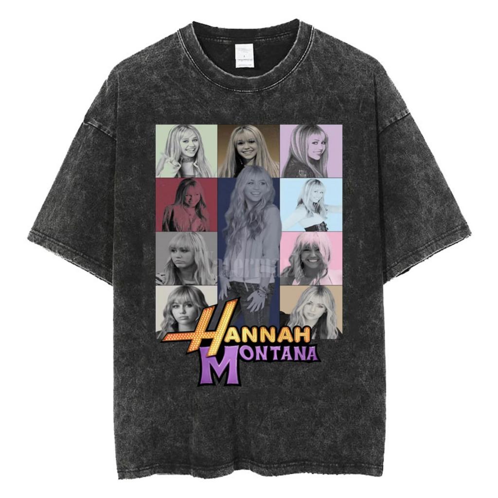 Miley Hannah Montana Logo T Shirt Men Women Summer Casual Vintage Washed T Shirts Unisex Aesthetic Hip Hop T-shirt