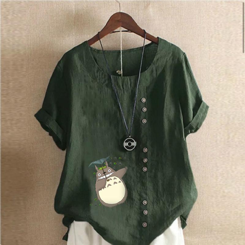 Damenmode Cartoon-Figuren Bedrucktes Kurzarm-T-Shirt Lockeres Baumwollhemd Lässige Lockere Sommerbluse Tops Übergröße