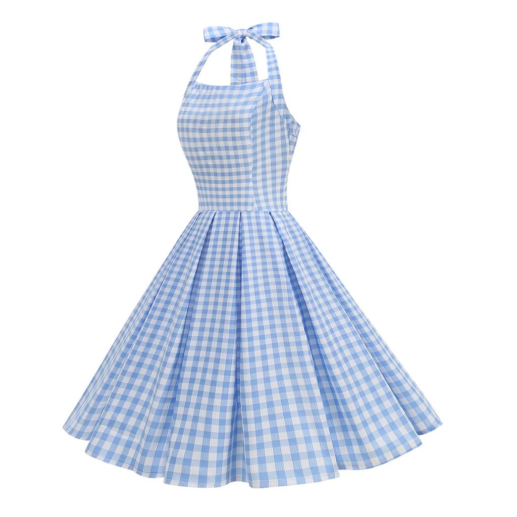Checked, off-the-shoulder, figure-hugging, edgy, backless, sexy, pleated, vintage halter-neck dress