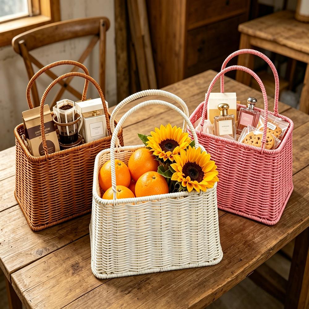 Woven Rattan Tote Basket with Handle for Grocery Shopping Picnic Gift Baskets Kitchen Bathroom Organizing Home Storage and Decor