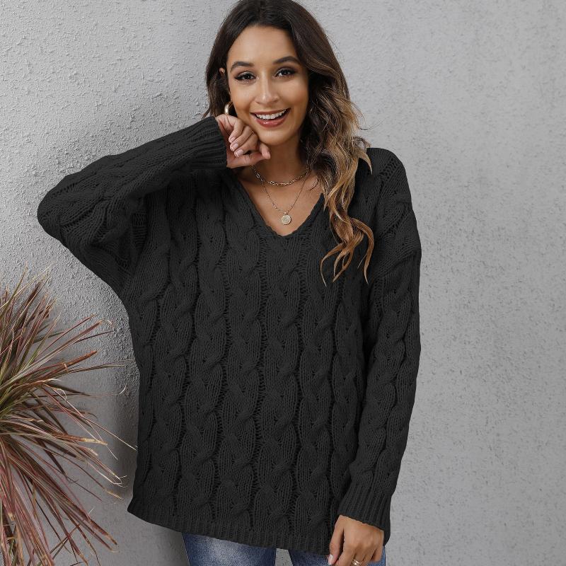 Women's Top, Thickened, Fried Dough Twists Knitting, V-neck Design, Hooded Loose Sweater, Pullover Sweater, Winter Jacket