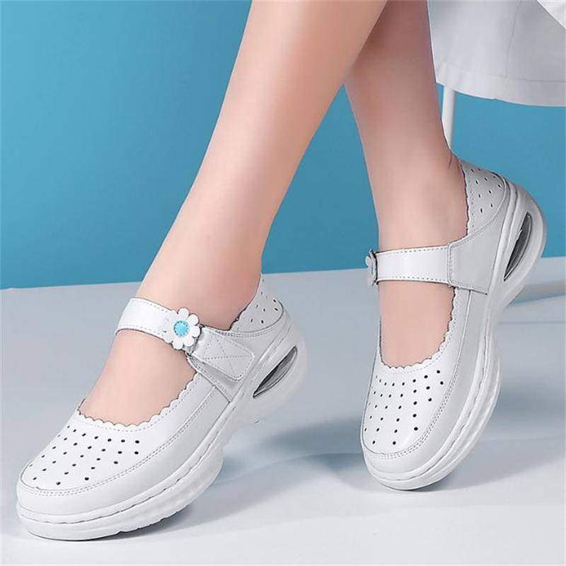 Fashion Genuine Leather Women Nurse Shoes Soft Soles Hollow Out Breathable Comfortable Non Slip Wedges White Ladies Loafers Work Shoes