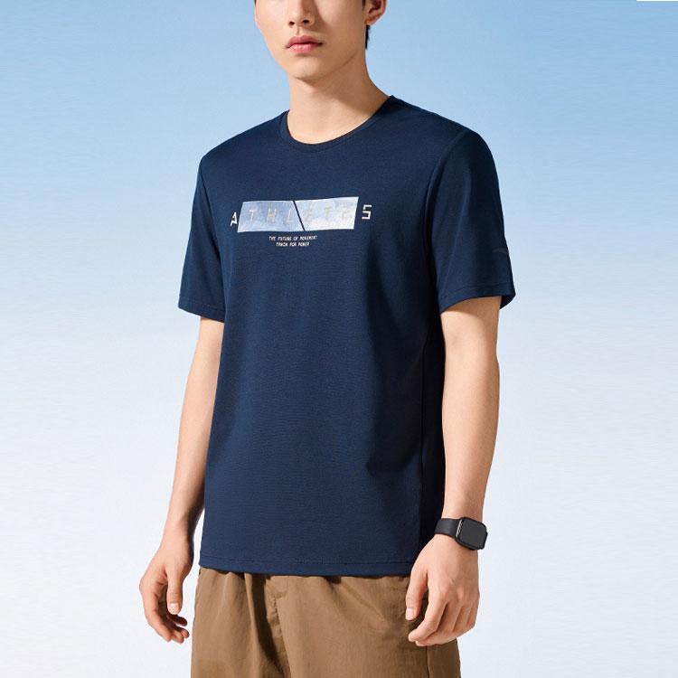 Anta Training Series Letter Print Round Neck Moisture Wicking Short Sleeve T-Shirt Men Tops Midnight-Blue 152427102-3