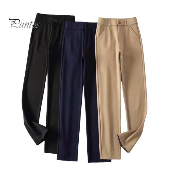 Women Suit Pants High Waist Button Zipper Fly Office Lady Trousers with Pockets Solid Color Slim Fit Straight Leg Trousers