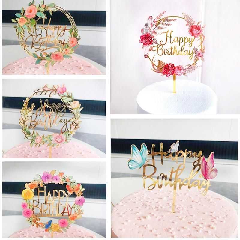 Neuer farbiger Blumen Happy Birthday Tortenaufsatz Goldener Acryl Geburtstagsparty Dessert Dekoration für Babyparty Backzubehör