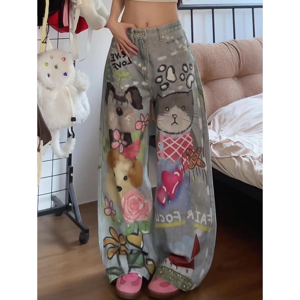 Plus Size Retro Graffiti Cat & Dog Wide-Leg Jeans for Men & Women