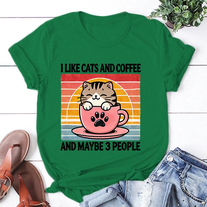 

Cat I Like Cats And Coffee And Maybe 3 People Print T-Shirt Women Men Summer Casual Short Sleeve Round Neck Tops Fashion T-Shirt 4XL