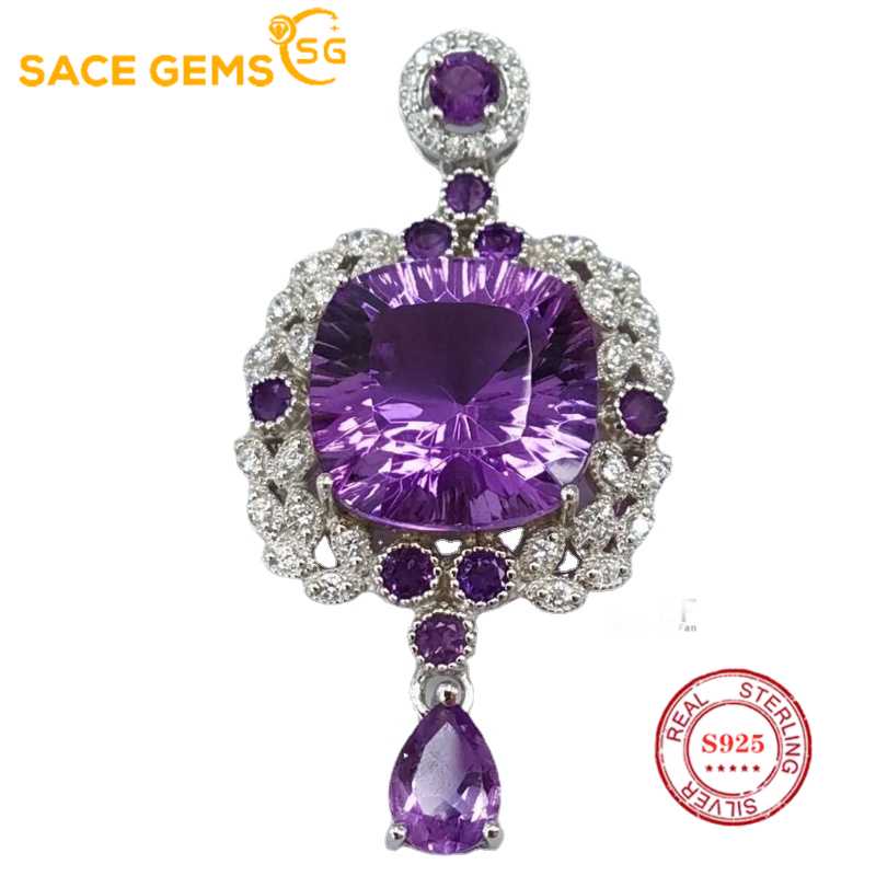 

SACE GEMS S925 стерлингового серебра 13 мм натуральный аметист кулон ожерелья для женщин помолвка коктейльная вечеринка изящные ювелирные изделия фиолетовый