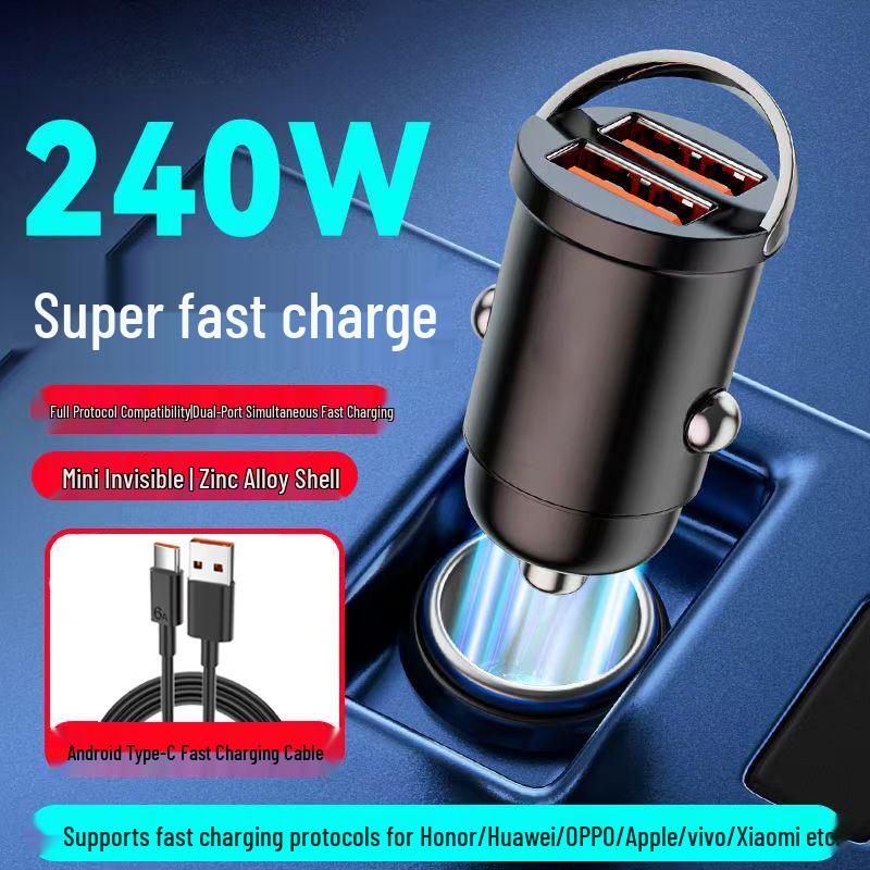 240W Dual USB Car Charger - Fast Charging 12V/24V Invisible Plug