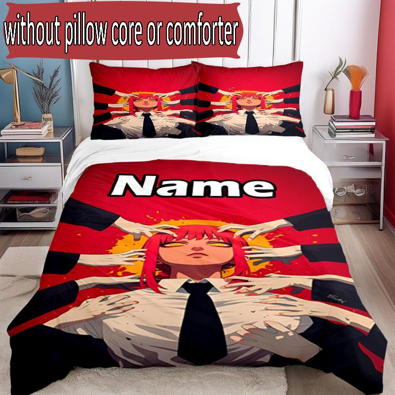 3pcs Duvet Cover Set (1*Duvet Cover + 2*Pillowcase, Without Core), Custom Name Makima Chainsaw Man Pattern Bedding Set, Home Bedroom Decor Gift