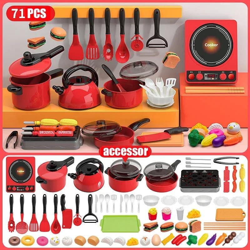 Non-Toxic Kids Toys Pretend Play Red Kitchen Toys Simulation Food Cooking Children'S Children Educational Play House Interactive Toys For Children