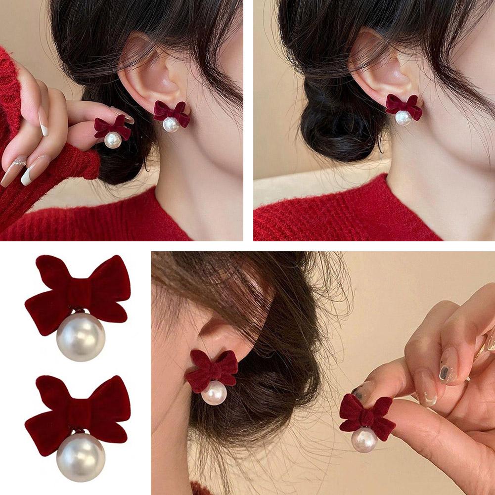 Fashion Flocking Bowtie Pearl Pendant Earrings French Stud Jewelry Earring Ear Bowknot Retro Velvet Bow Red New Year Girl 1PCS