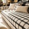 Checkered Sofa Cushion Four Seasons Cotton Linen Solid Wood Sofa Cover Non-slip Universal Sofa Cover Thicken Tassels Couch Mat