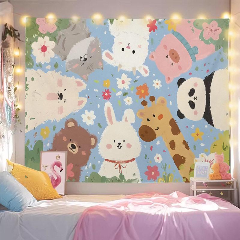 Cute Animal Tapestry Lovely and Healing Wall Hanging for Bedroom Dorm Cartoon Wall Decor Cloth to Cover Unsightly Walls