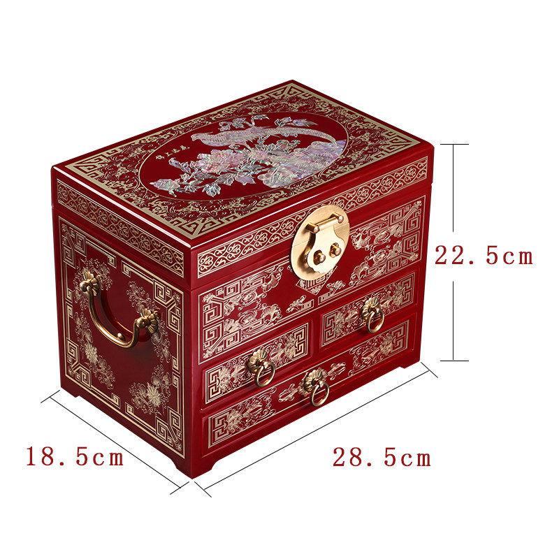 Vintage Wooden Jewelry Box with Copper Wire Inlay Mother of Pearl Handcrafted Pingyao Lacquerware