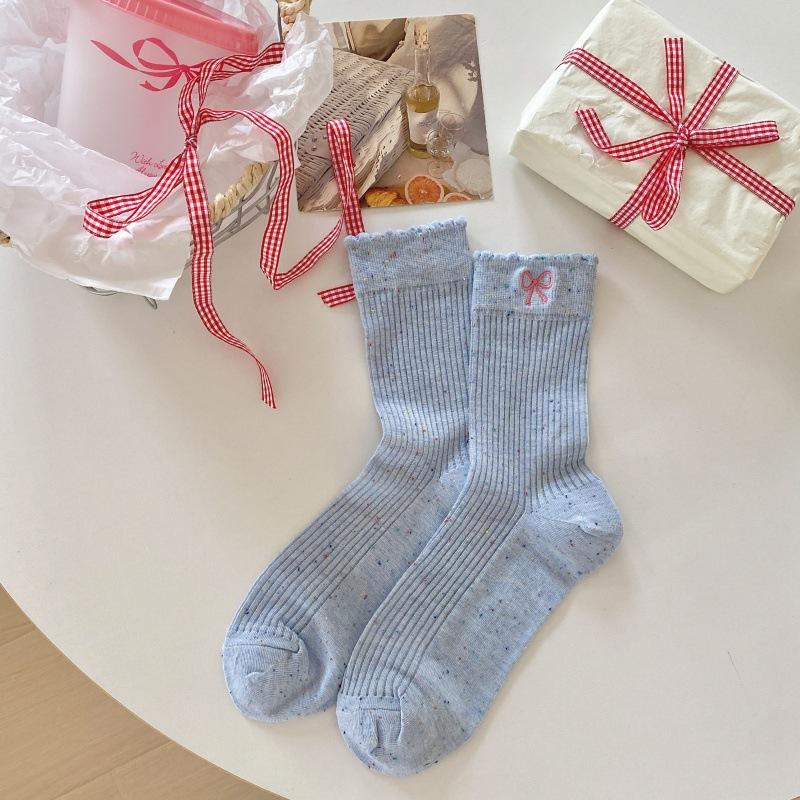 Female Spring and Summer Thin Idea Yarn Bow Embroidery Lace In The Tube Pile Socks
