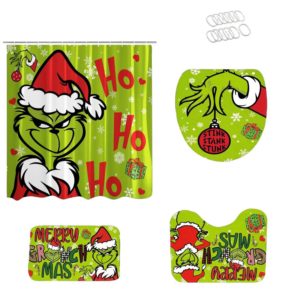 4 Christmas Bathroom Sets, Shower Curtain, - Carpet, Horse Cover And - U-shaped Bath Mat, Christmas Holiday Bathroom Decoration