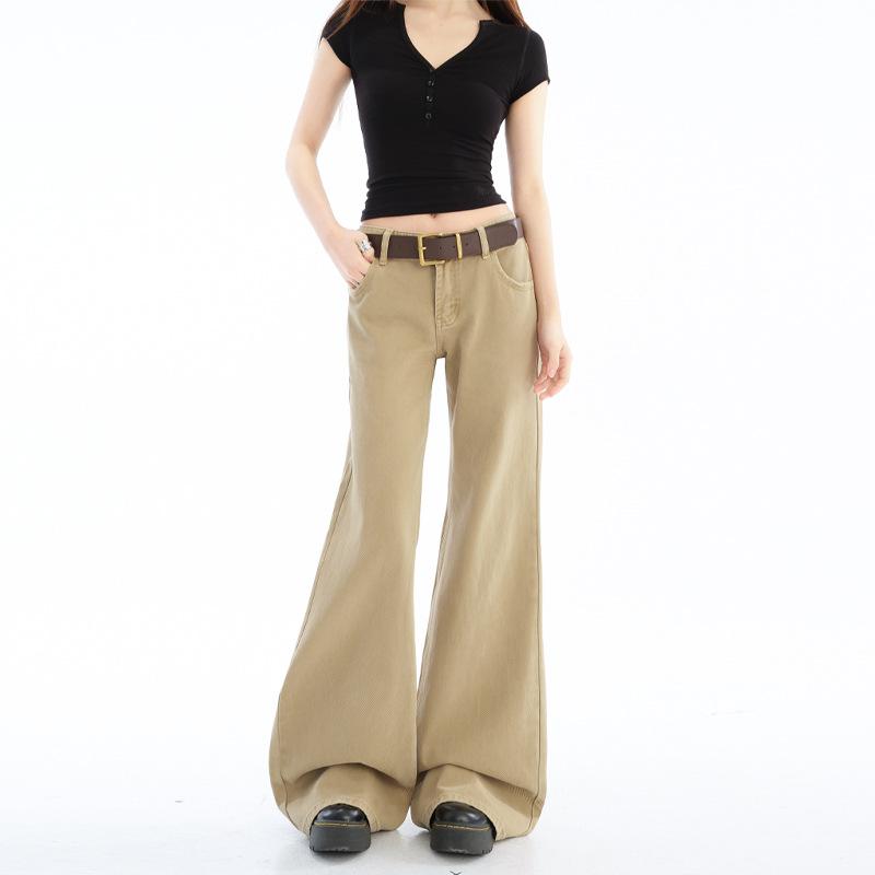 Khaki slightly pulled non-stick leg jeans women's American retro low-rise narrow version thin trousers