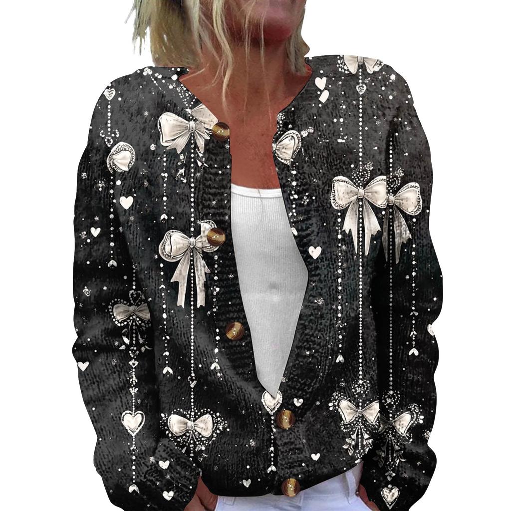 Women's Fashion Printed Long Sleeve Knitted Cardigan Button Down Jacket