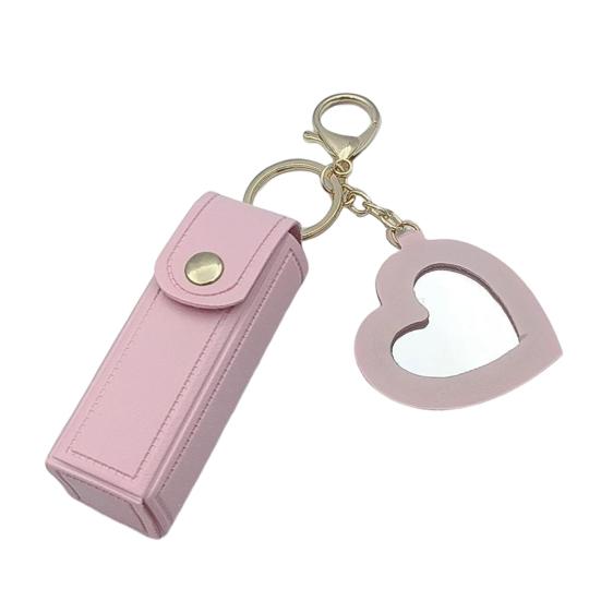 

Keychain Lipstick Bag Love Mirror Protective Faux Leather Case Portable Keyring Cell Phones Wallet Car Key Chain розовый