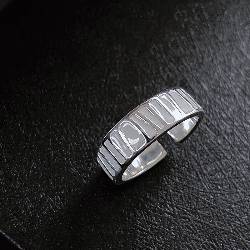 Black & White Drip Glaze Geometric Irregular S925 Silver Wide Band Open Ring