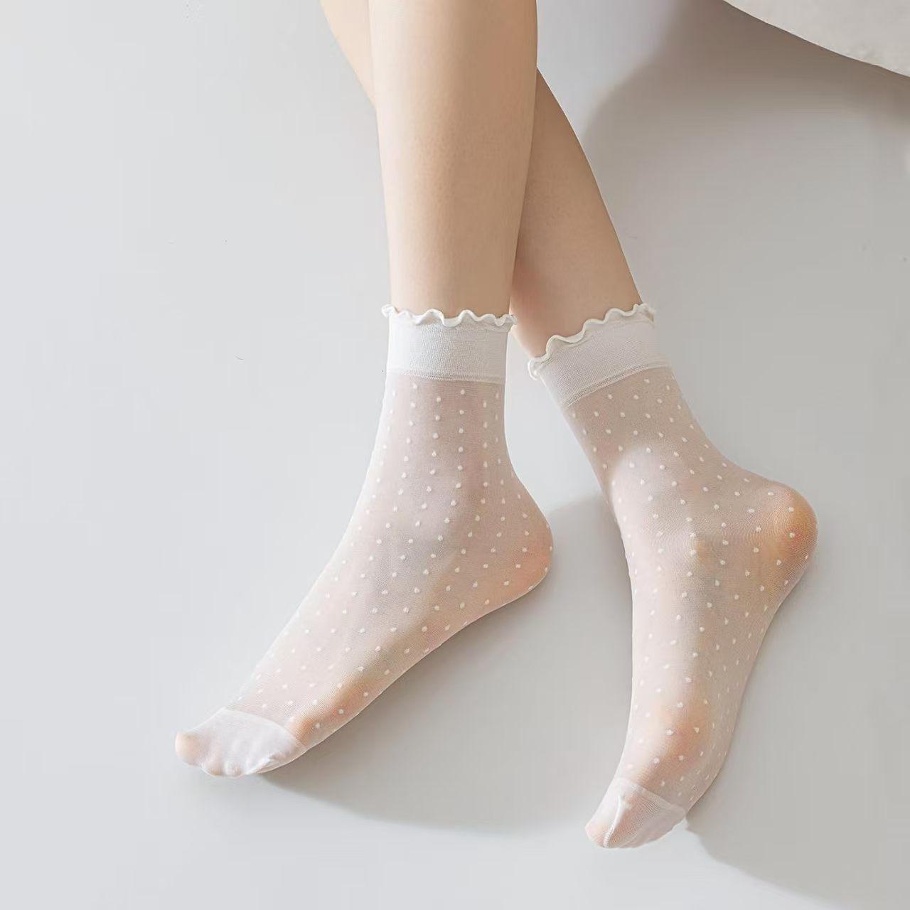 Women s Summer Polka Dot Lace Mid-Calf Ice Silk Stockings - Transparent, Anti-Snag, Breathable, Ruffle Design. Bare socks