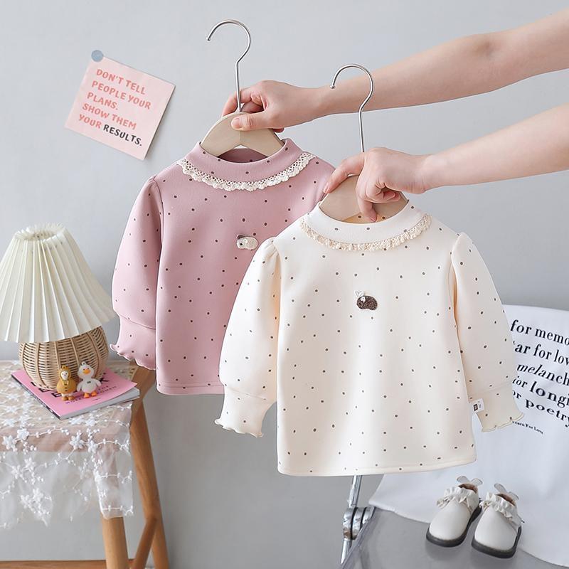 Children Dot Clothing Girls Long Sleeve T-Shirt Soft Fabric Half-High Collar and Puff Sleeves Perfect for Play and School T-Shirts