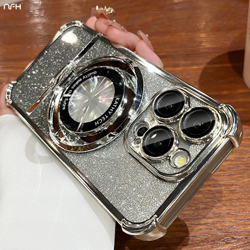 For iPhone 15 Pro Max Luxury Plating Magsafe Magnetic Stand Flash Phone Case For iPhone 11 12 13 14 16Plus Lens Protective Cover