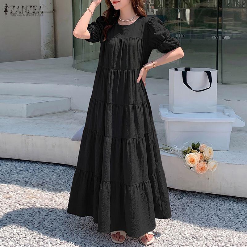 ZANZEA Damen Freizeit Rundhals Locker Kurzarm Langes Kleid
