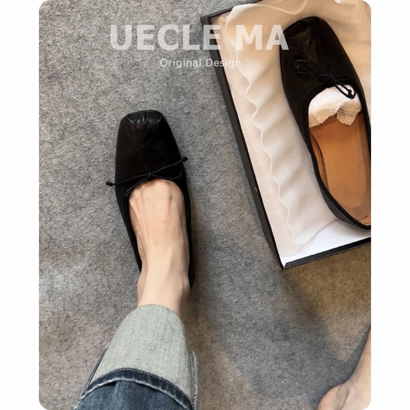 Cowhide~ Genuine leather handmade shoes retro style shallow mouth flat sole shoes women's versatile commuter bow ballet shoes