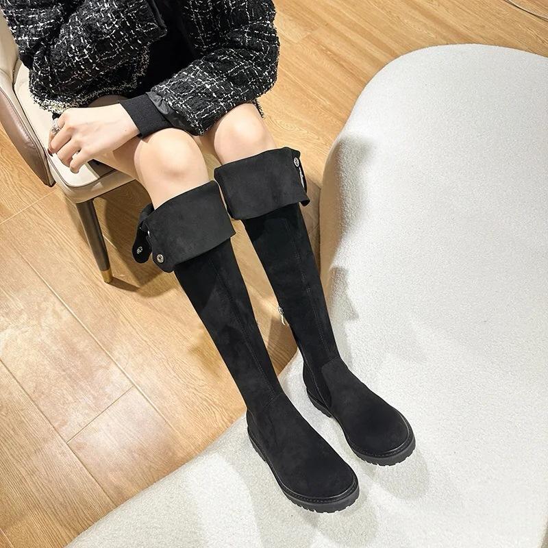 Женские высокие сапоги 2025 новый осенний высокие снежные сапоги рыцарские сапоги с мехом на толстом каблуке и узкие сапоги 43 5490₽