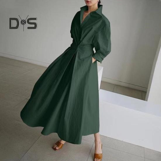 Women's Long Sleeve Button Down Shirt Dress Casual A-Line Midi Dress Loose Fit Lapel Collar Long Dress for Office Parties And Beach
