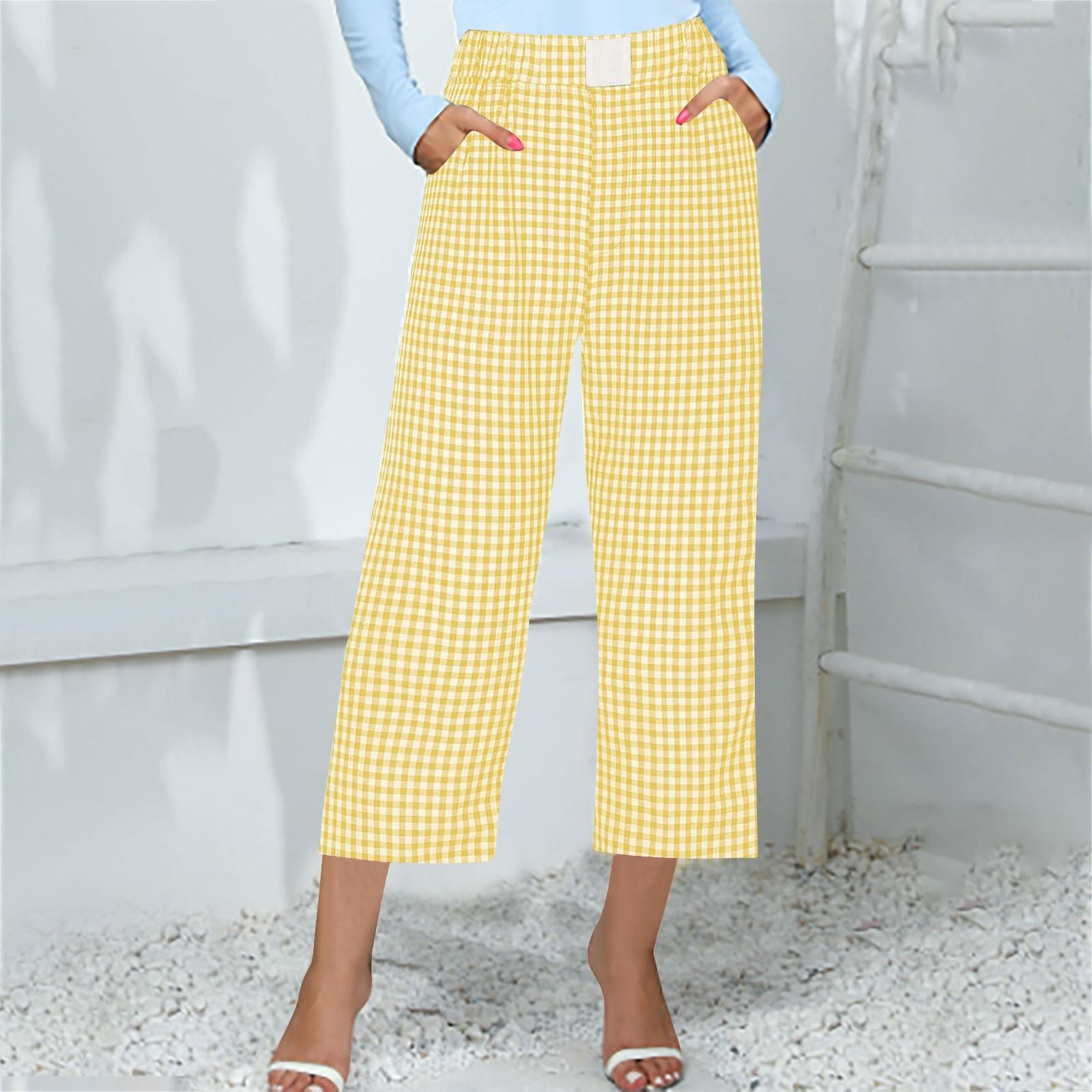 

Жіночі повсякденні та зручні вільні вінтажні укорочені штани в клітку з високою талією та кишенями XXXL жовтий