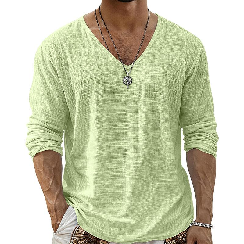 T-shirt da uomo a tinta unita con scollo a V e maniche lunghe