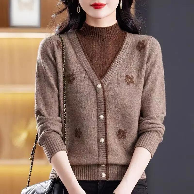 

Женская одежда на пуговицах с длинным рукавом и полувысоким воротником, осенне-зимний свитер, вязаный пуловер, повседневный, элегантный, с резьбой L верблюд