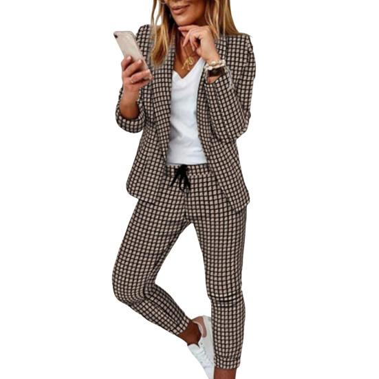 2-teiliges Set mit Mantel und Hose für formelle Anlässe für Damen, Umlegekragen, Karomuster, lange Ärmel, Jacke, schmale Passform, Hose mit elastischem Bund, lässige Alltagskleidung, Pendeln