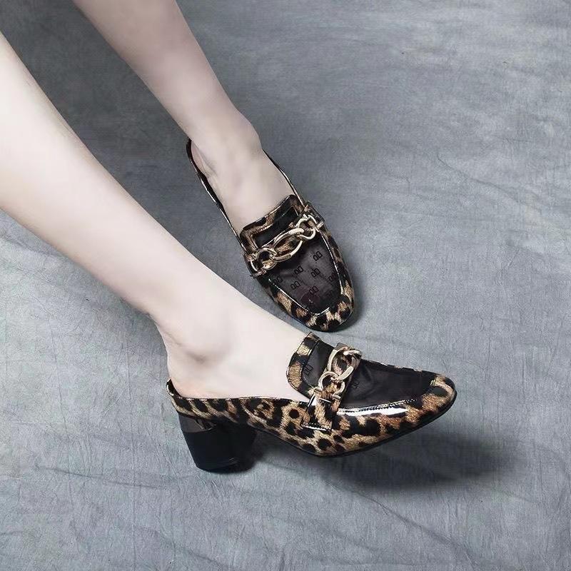 Slingback Leopard Print Chain Women Shoes Mules Lace Mesh Sexy Pumps Slippers Autumn Designer Dress Slides Zapatillas De Mujer